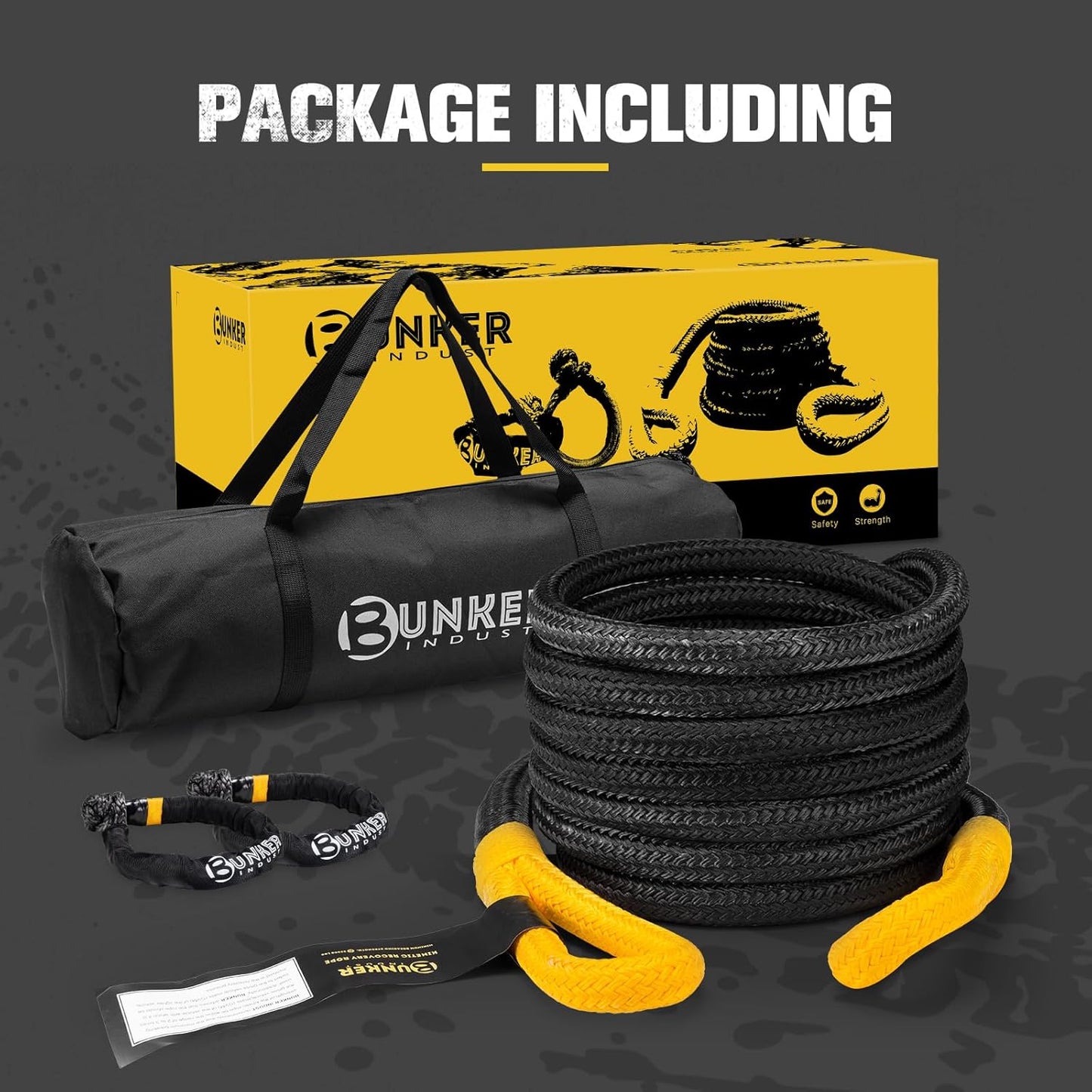 BUNKER INDUST 1.25"×30ft Kinetic Recovery Rope with 2 Soft Shackle Kit, 55000lbs Nylon Tow Rope Heavy Duty Snatch Strap Offroad Recovery Kit for 4x4 Jeep Truck ATV UTV SUV