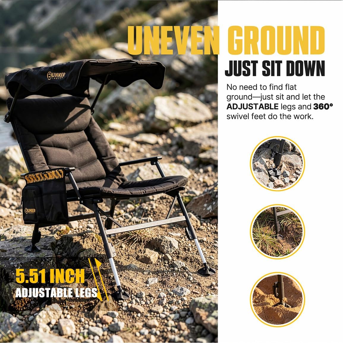 BUNKER INDUST Foldable Camping Chair with Canopy and Extended Footrest, Adjustable Backrest & Legs, Supports 330 Lbs, Portable Folding Outdoor Chair with Shade for Beach Camping Fishing RV Lake