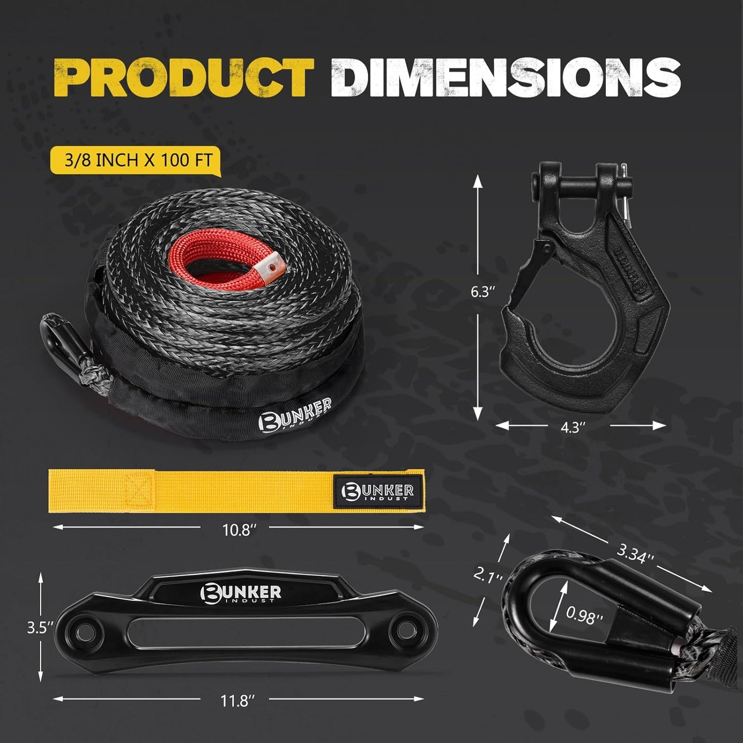 BUNKER INDUST Synthetic Winch Rope Kit,3/8" x 100' 23809LBS Winch Line Cable Replacement with Protective Sleeve+Winch Fairlead+Hook for 4WD Off Road Vehicle Jeep Truck ATV UTV SUV(Black)