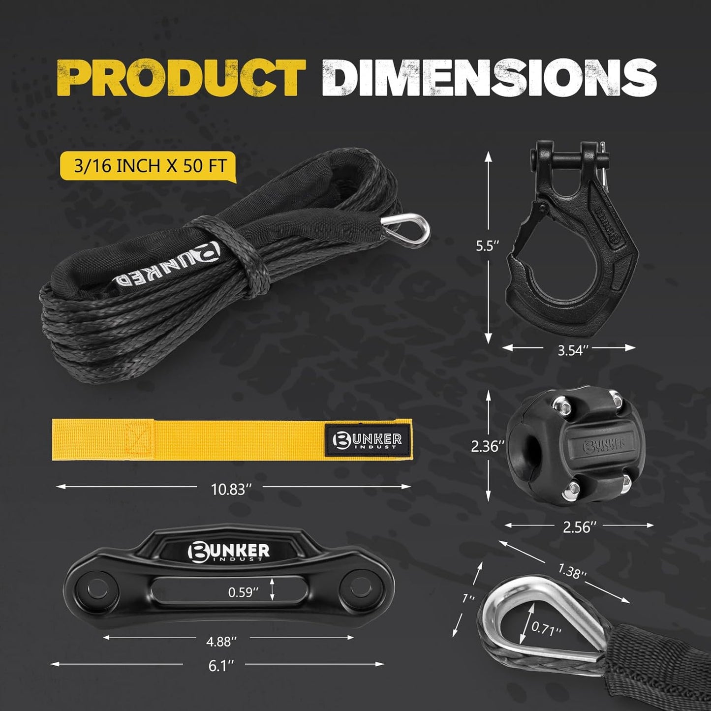 BUNKER INDUST Synthetic Winch Rope Kit,3/16" x 50' 8200 LBS Winch Line Cable Replacement with Protective Sleeve+Winch Fairlead+ Stopper+Hook for 4WD Off Road Vehicle ATV UTV SUV(Black)