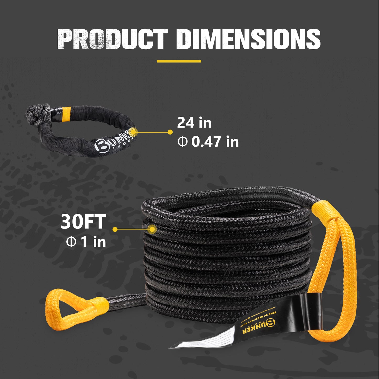 1"×30ft Kinetic Recovery Rope with 2 Soft Shackles