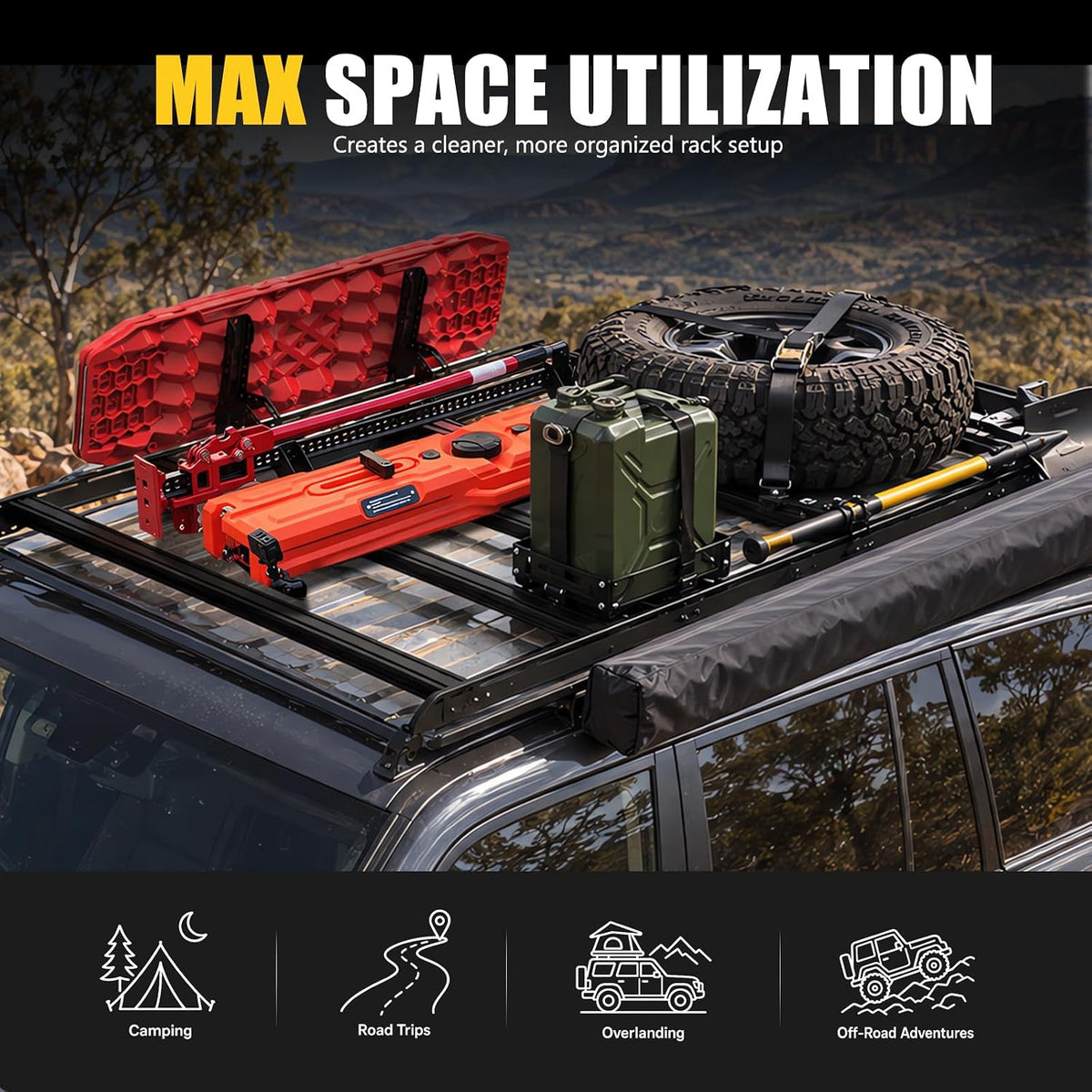 BUNKER INDUST Roof Platform Side Mount Bracket, 30°-90° & 6-Position Adjustable Multi-Purpose Offroad Gear Holder, Fits Most Slotted Roof Rack, for Fuel Can, Traction Board, 4x4 Overland Equipment