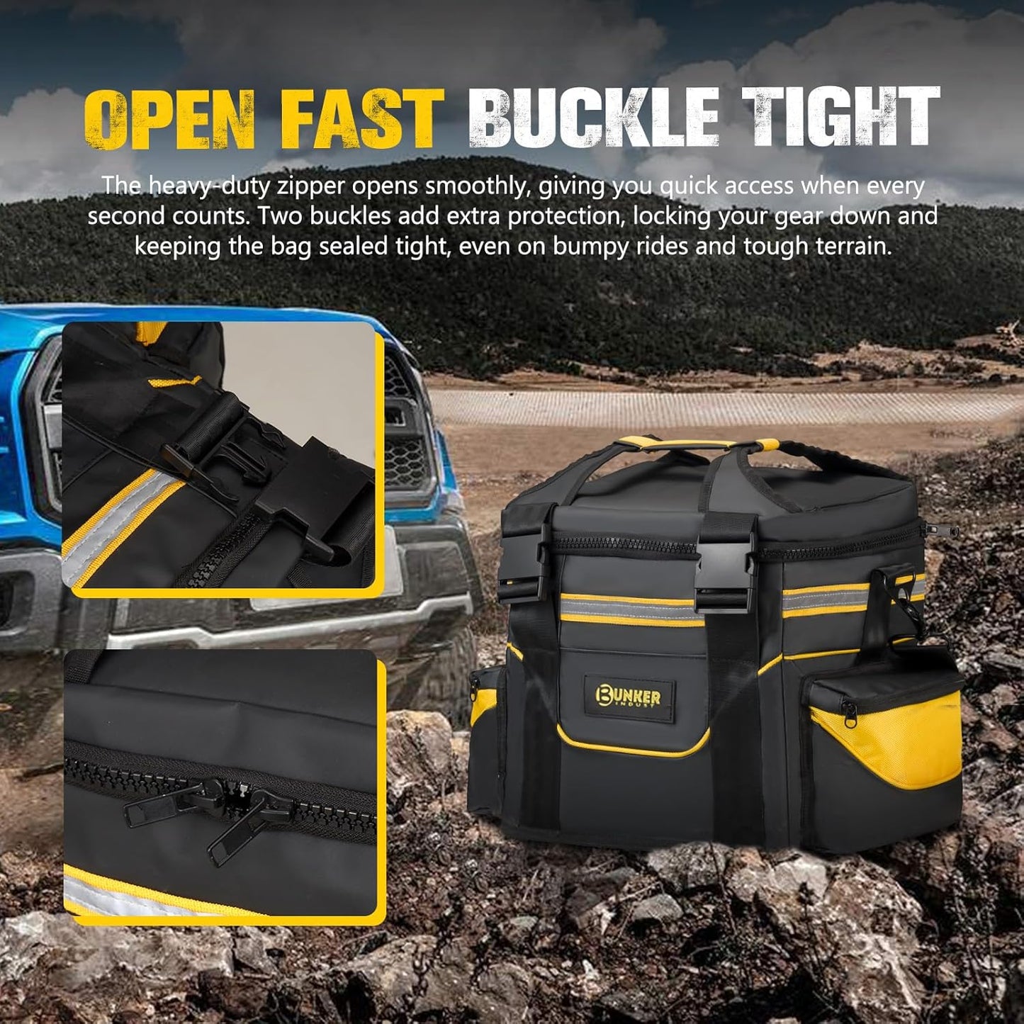 BUNKER INDUST Heavy Duty Large Recovery Gear Bag with Shoulder Strap, Reflective Strips, Multi-Pockets for Offroad Accessories & Tool Organizer
