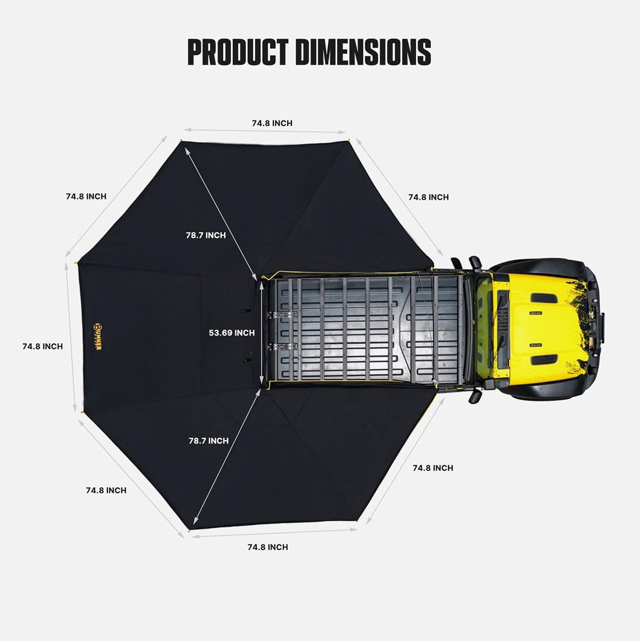 BUNKER INDUST 360° Freestanding Vehicle Awning, 145 Sq ft Large Coverage Car Side Awning with 3-Color LED Light, Waterproof Overland Shelter for SUV Truck Van Offroad Camping