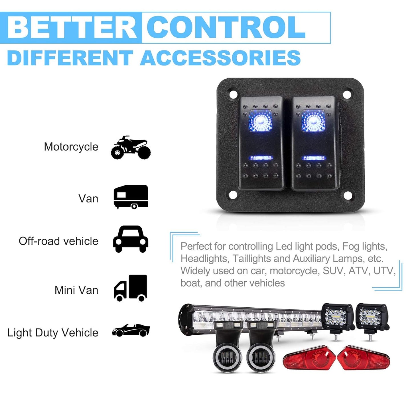 BUNKER INDUST 2 Gang Rocker Switch Aluminum Panel with Blue LED Light Waterproof 5 Pin On Off Toggle Switches for 12V/24V Marine Boat RV Truck Car ATV