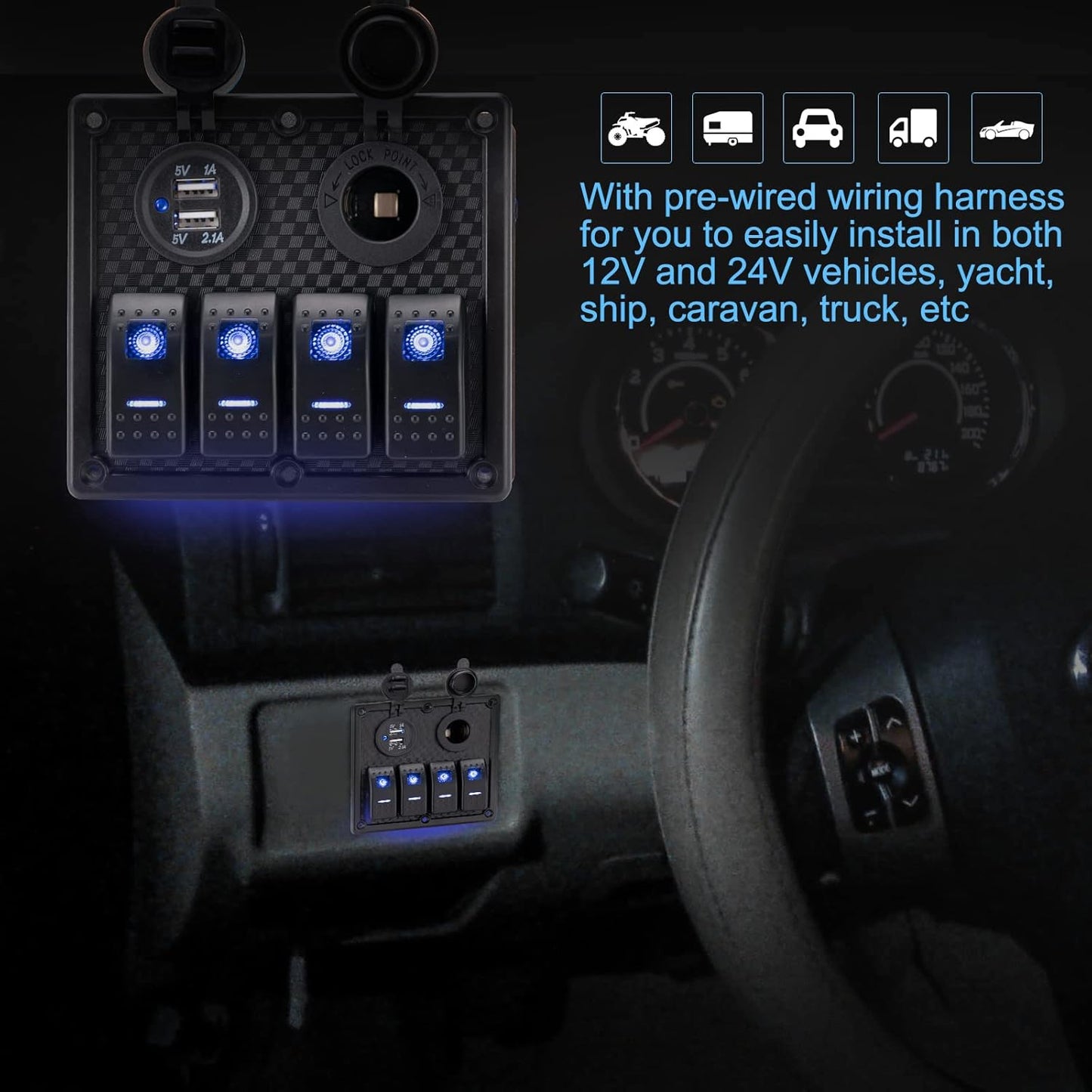 BUNKER INDUST 4 Gang Rocker Switch Aluminum Panel with Dual USB Port Charger Socket & Cigarette Lighter Socket Blue LED Light Waterproof On Off Toggle Switch for 12V/24V DC Marine Boat Truck Car ATVs