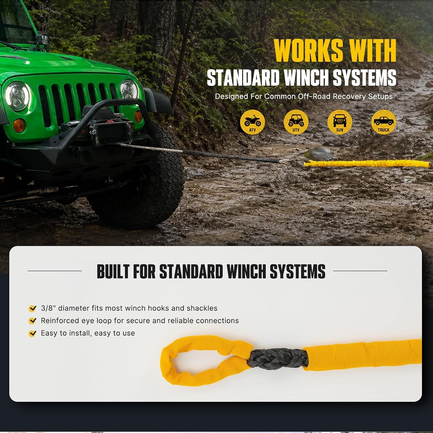 BUNKER INDUST Synthetic Winch Rope Extension, 3/8" x 100FT UHMWPE Winch Line Extension Cable with Protective Sleeve, Offroad Recovery Accessory for 4x4 Jeep Truck ATV UTV SUV