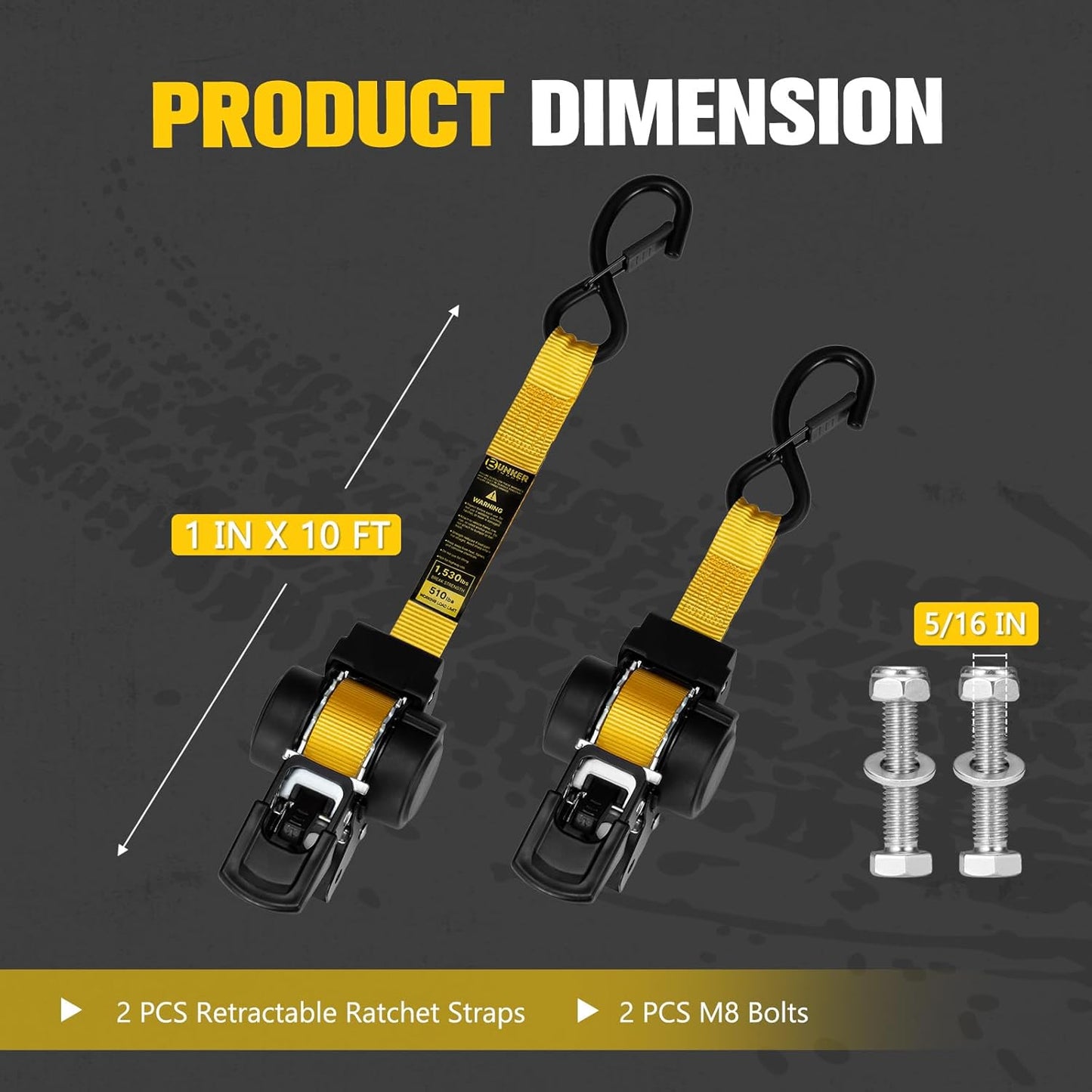 BUNKER INDUST Retractable Ratchet Straps 1" x 10', 2 Pack Bolt-On Tie Down Straps with Safety S-Hooks, Auto Self-Retracting Cargo Straps 1,530 lbs Break Strength for Boat, Trailer, Truck, ATV, UTV