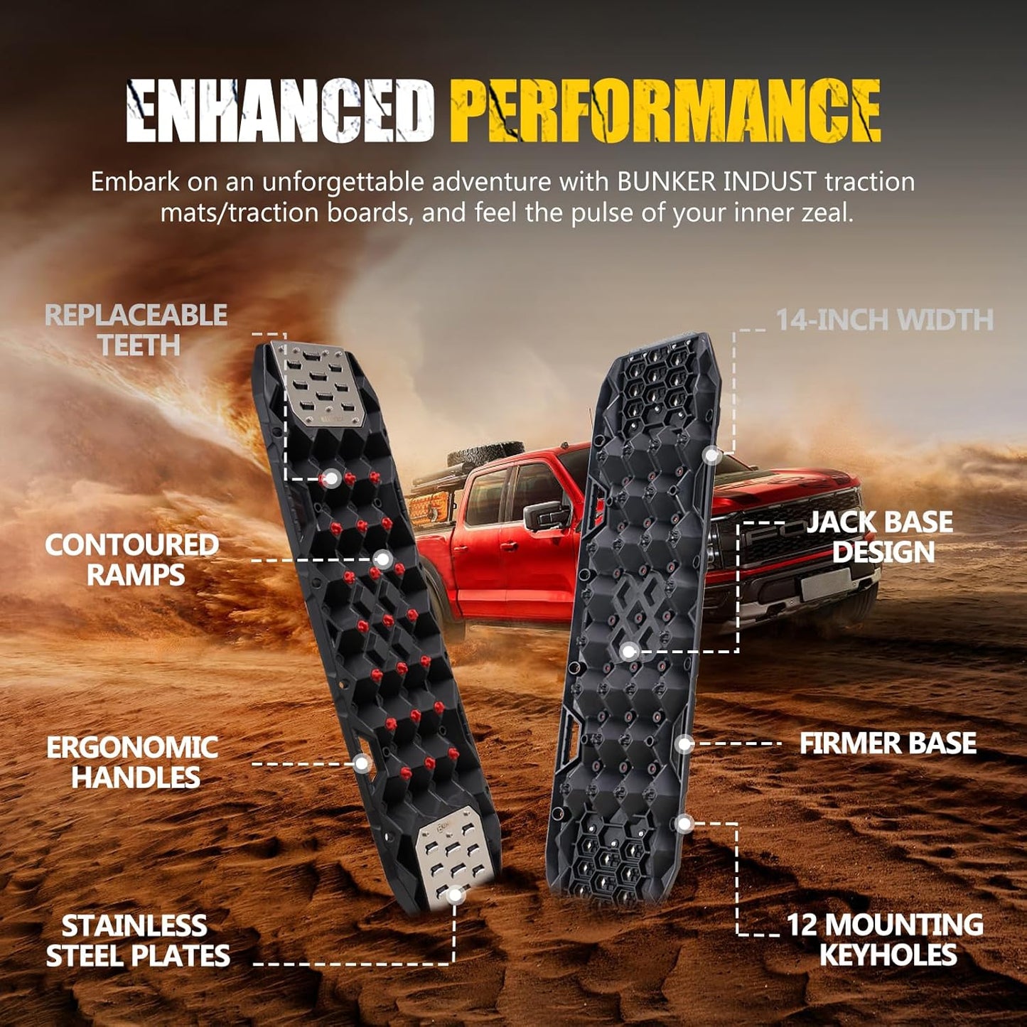 BUNKER INDUST Offroad Traction Board with Jack Base,Pair 47.24" L x 14" W Recovery Track Tire Traction Mat -Black Sand,Mud,Snow Ramps (Replaceable Dual Colors Teeth/Rugged Steel Plate) Gen 11th