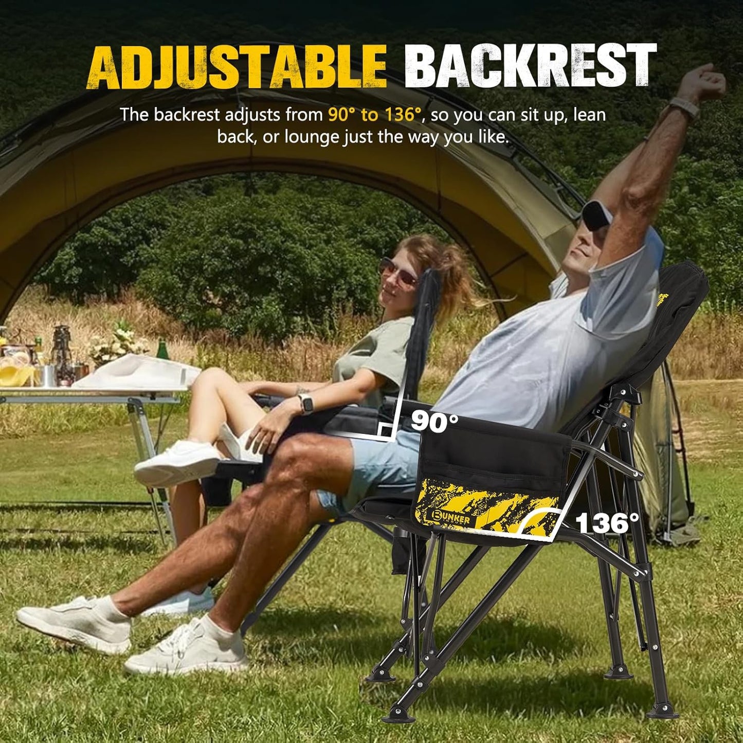 BUNKER INDUST Folding Camping Chair, Oversized with Padded Cushion, Outdoor Chair with Cup Holder Storage Pockets, Adjustable High Backrest Supports 450 LBS for Garden Beach Fishing Lawn