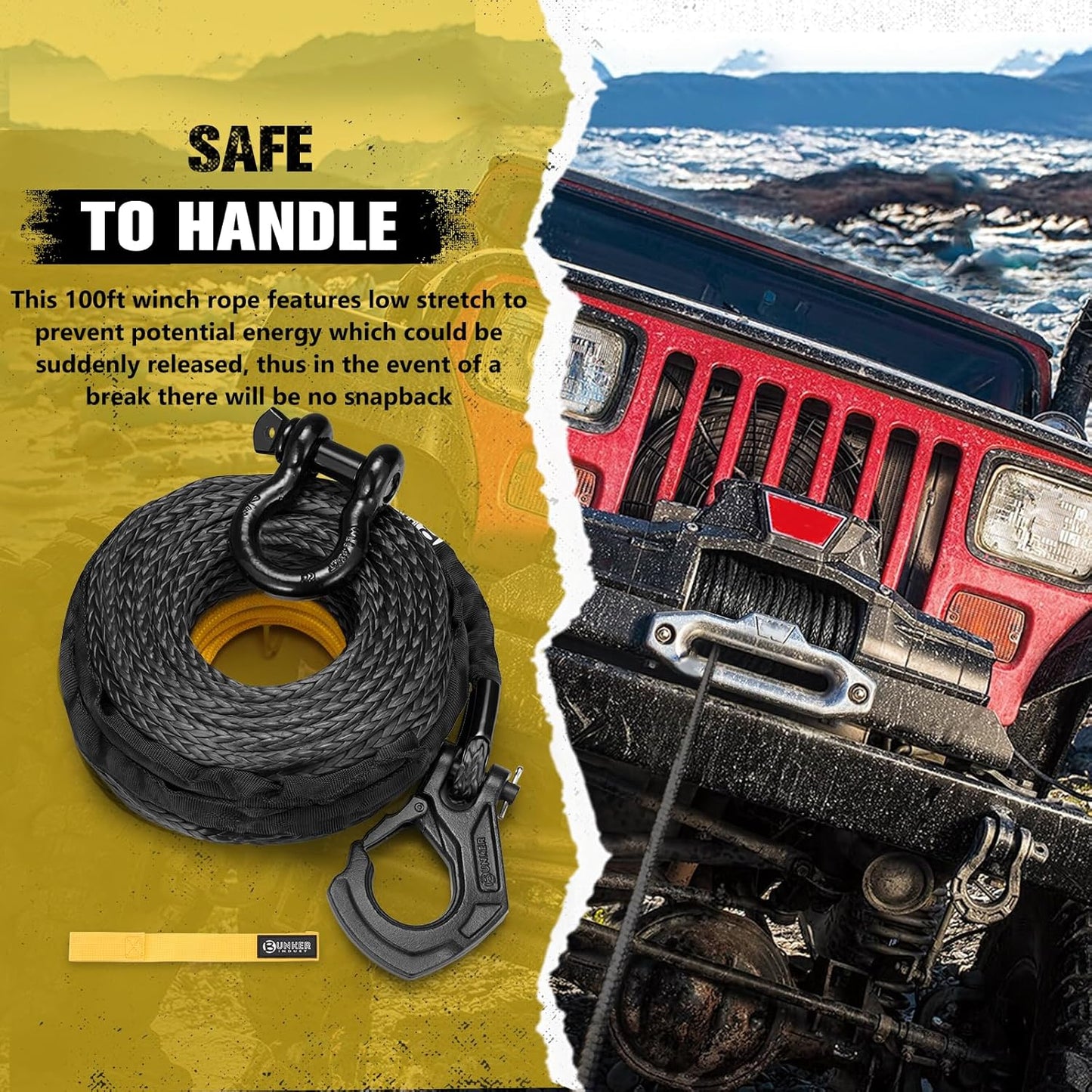 BUNKER INDUST Synthetic Winch Rope + D-Ring Shackle + Winch Hook,100ft x 3/8" 26500Lbs Winch Cable Replacement Kit with Protective Sleeve for Truck, Jeep Off-Road Recovery