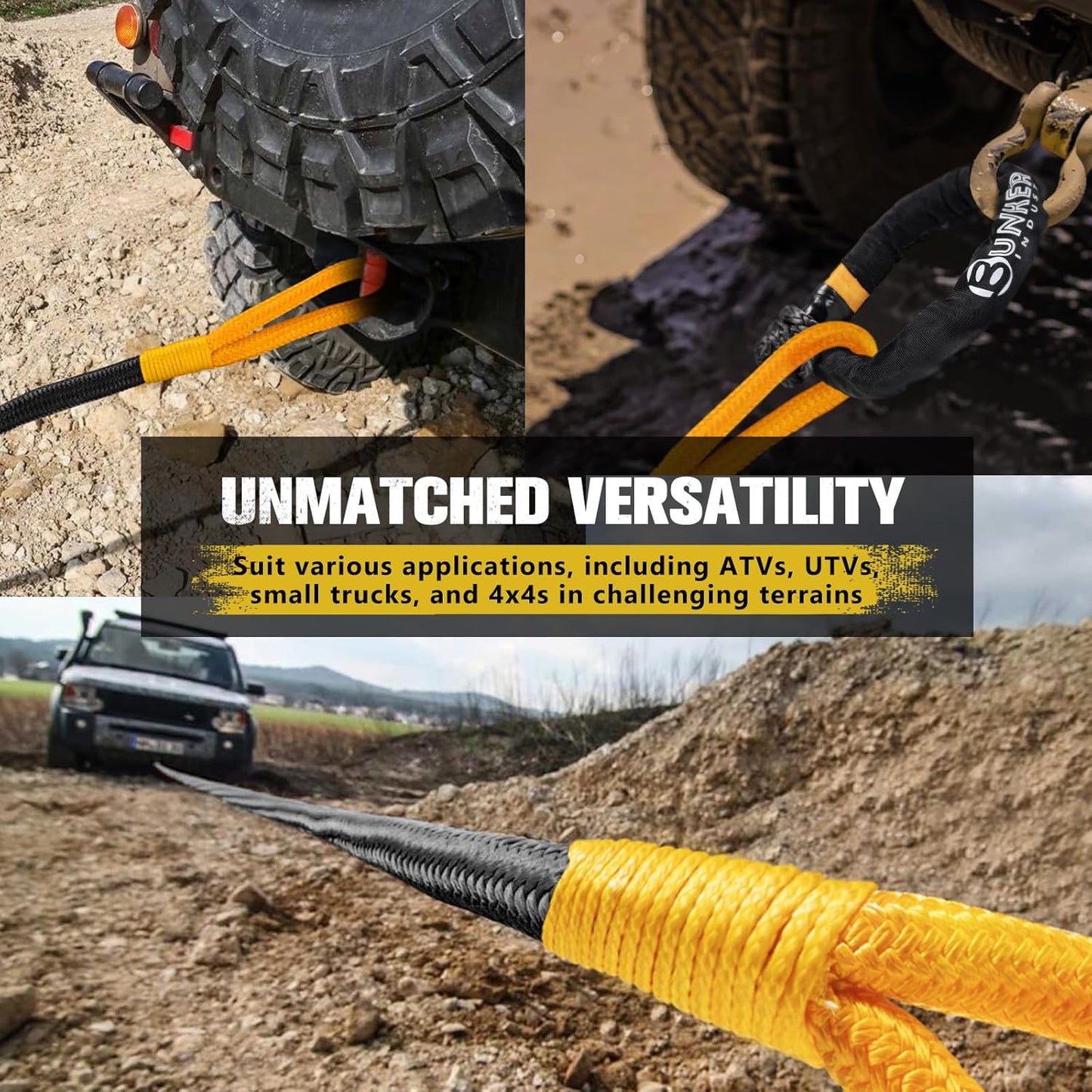 BUNKER INDUST 1.25"×30ft Kinetic Recovery Rope with 2 Soft Shackle Kit, 55000lbs Nylon Tow Rope Heavy Duty Snatch Strap Offroad Recovery Kit for 4x4 Jeep Truck ATV UTV SUV