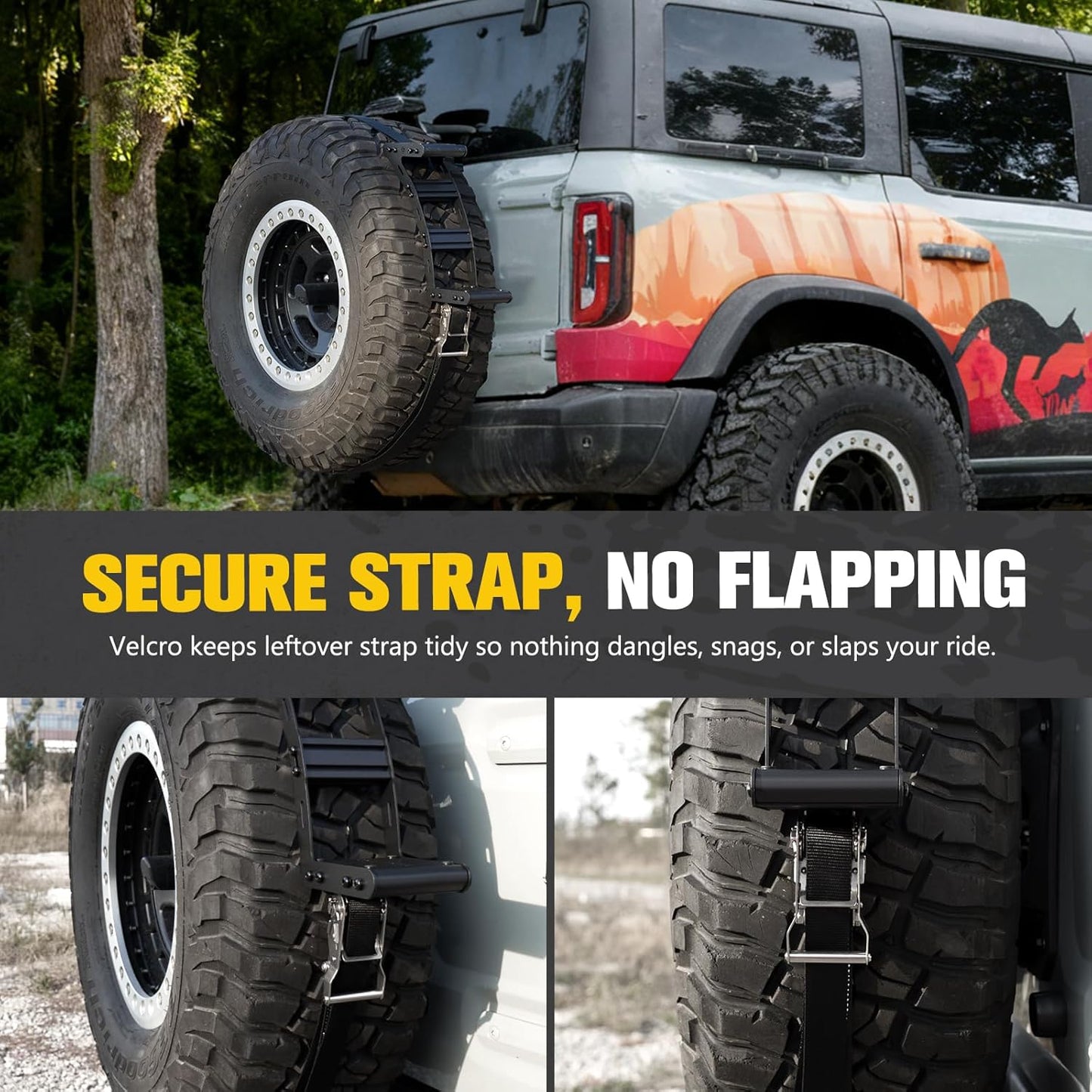BUNKER INDUST Spare Tire Step with Ratchet Strap for 31"-40" Tires, Heavy Duty Spare Wheel Step Nonslip Ladder for Vehicle Car SUV Roof Rack Cargo Access