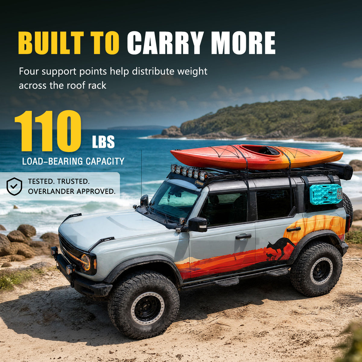 BUNKER INDUST Kayak Roof Rack Saddles, 4-Pcs Stainless Steel Kayak Carrier for Slotted Roof Platforms, EVA Padding & Tie-Down Straps, 110 lbs Capacity for Kayak Canoe SUP Surfboard, Black