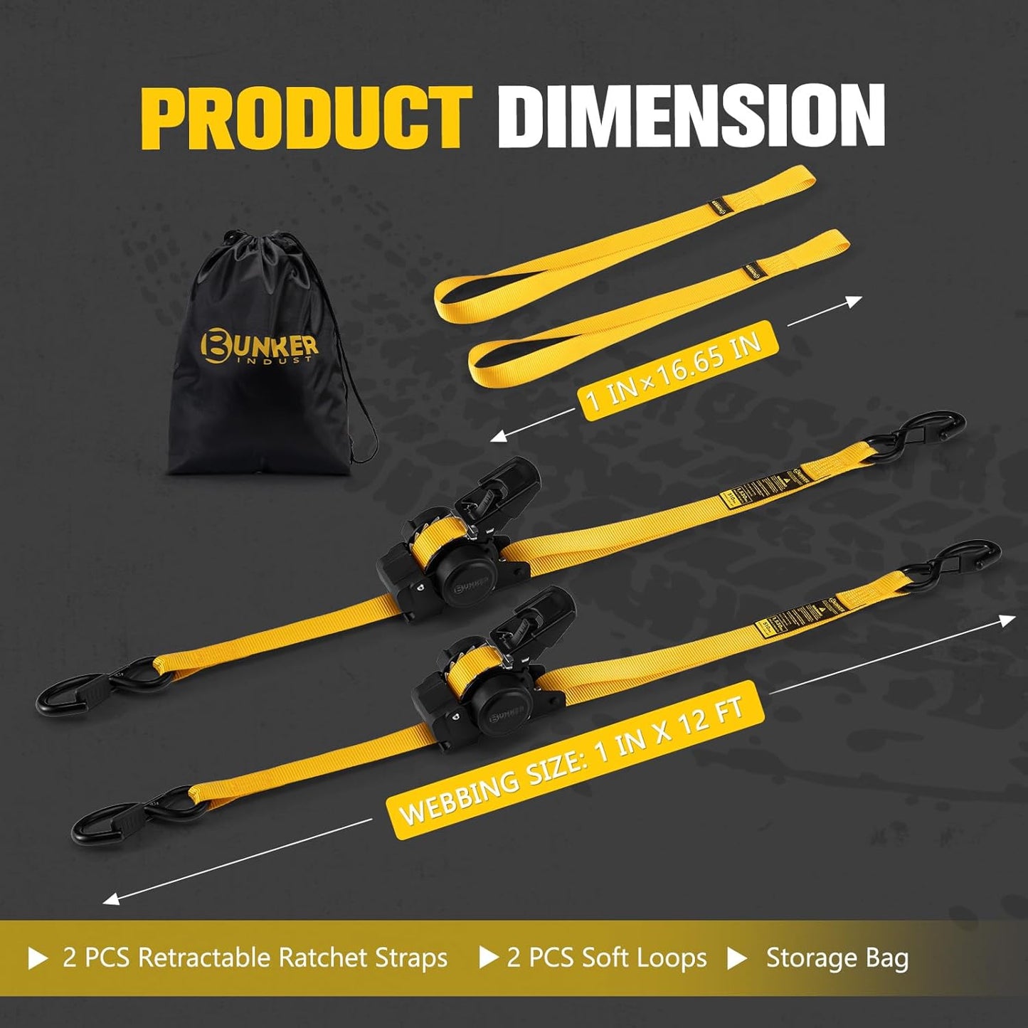 BUNKER INDUST Retractable Ratchet Straps 1" x 12', Heavy Duty Auto Self Retracting Tie Down Straps 1530 lbs Break Strength Cargo Straps for Trailer, Truck, ATV, UTV, Motorcycle (2 Pack)