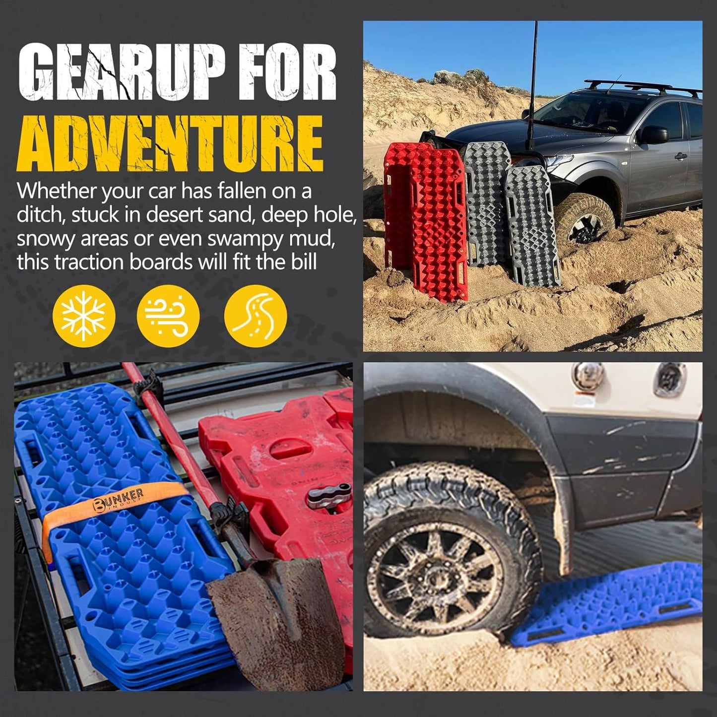 BUNKER INDUST Off-Road Traction Boards with Jack Base,Pair Recovery Track 4X4 Jeep Truck Emergency Tire Traction Mat with Bag -Sand, Mud, Snow Tracks Blue Traction Pad (Gen 7th)