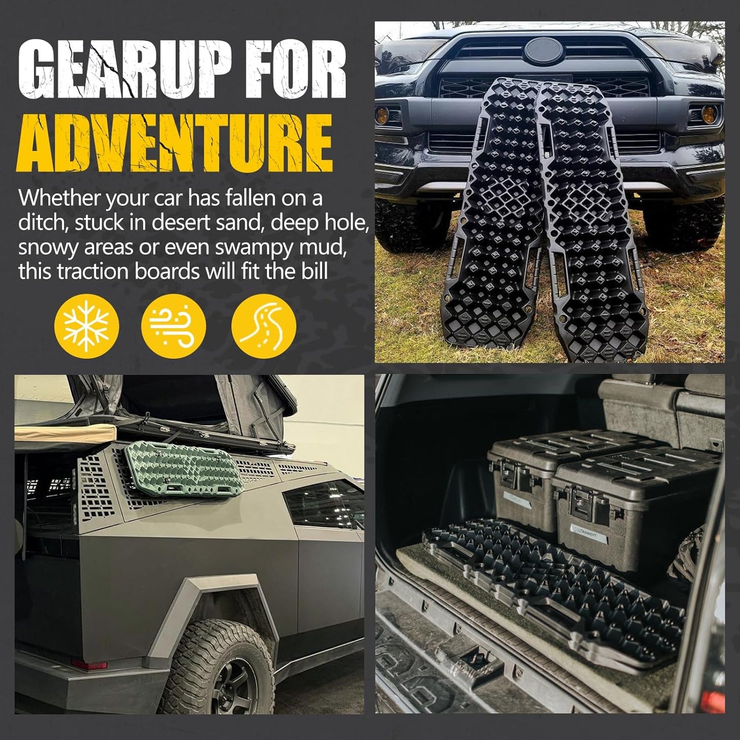 BUNKER INDUST Off-Road Traction Boards with Jack Base,Pair Recovery Track 4X4 Jeep Truck Emergency Tire Traction Mat with Bag -Sand, Mud, Snow Tracks Black Traction Pad (Gen 7th)