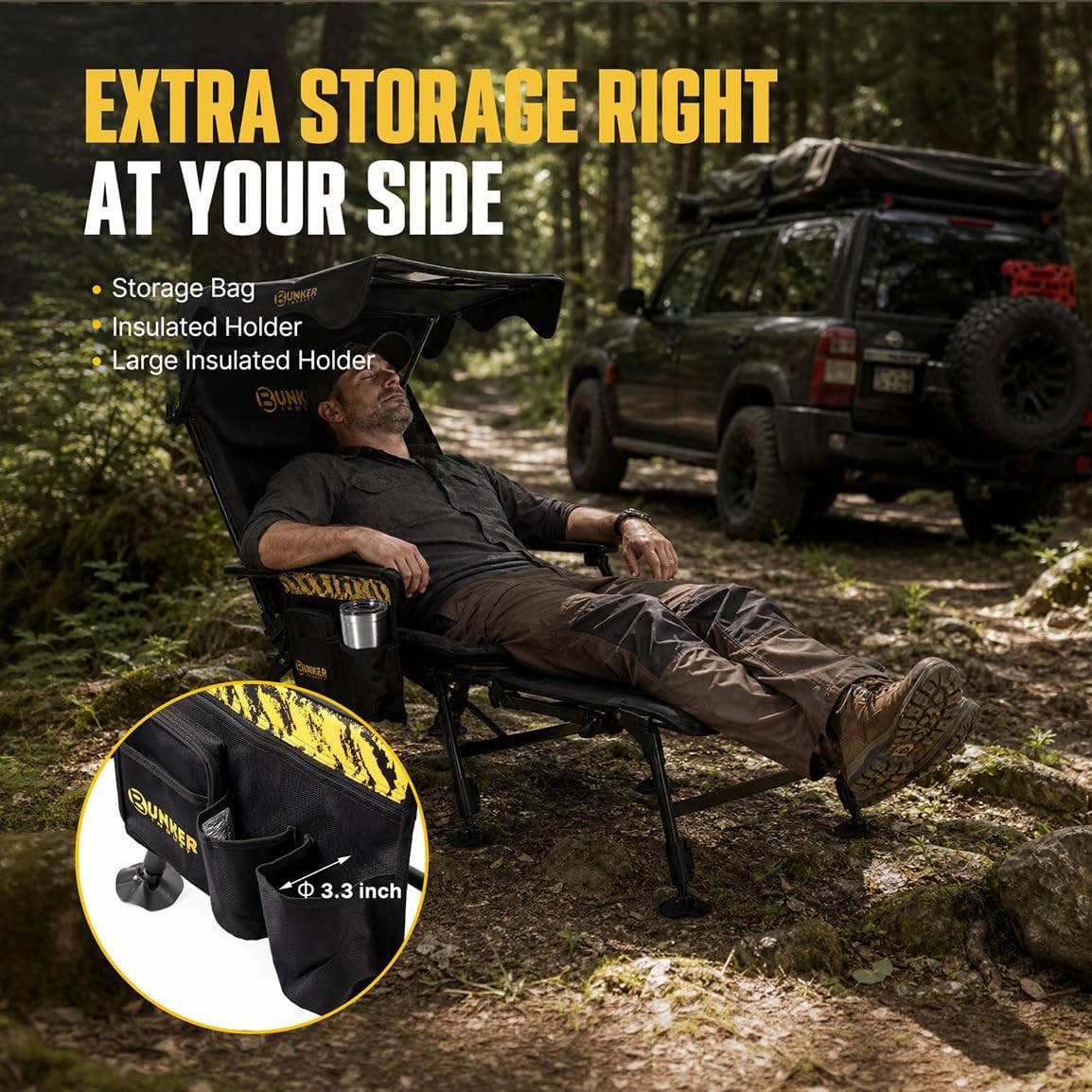 BUNKER INDUST Foldable Camping Chair with Canopy and Extended Footrest, Adjustable Backrest & Legs, Supports 330 Lbs, Portable Folding Outdoor Chair with Shade for Beach Camping Fishing RV Lake