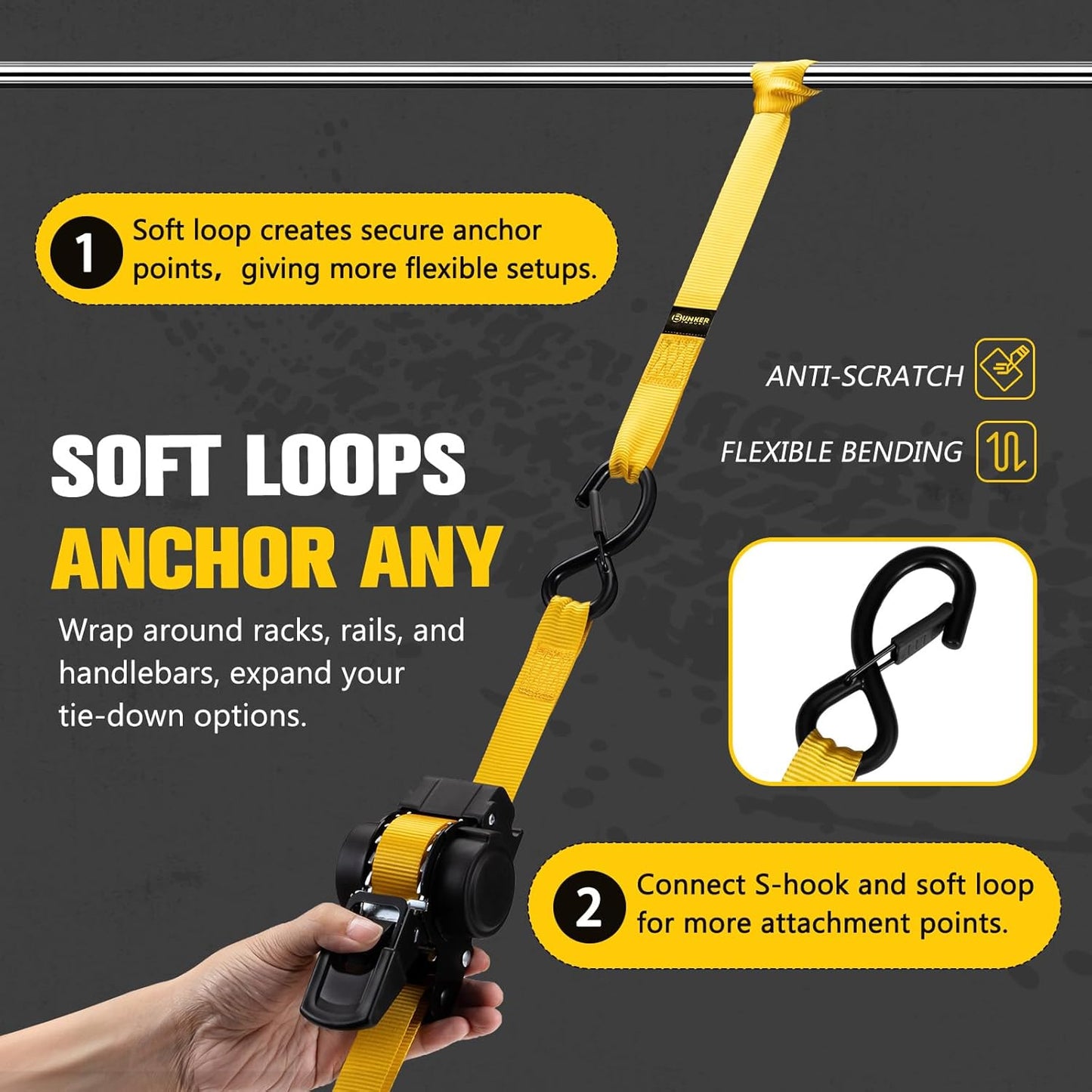 BUNKER INDUST Retractable Ratchet Straps 1" x 12', Heavy Duty Auto Self Retracting Tie Down Straps 1530 lbs Break Strength Cargo Straps for Trailer, Truck, ATV, UTV, Motorcycle (2 Pack)