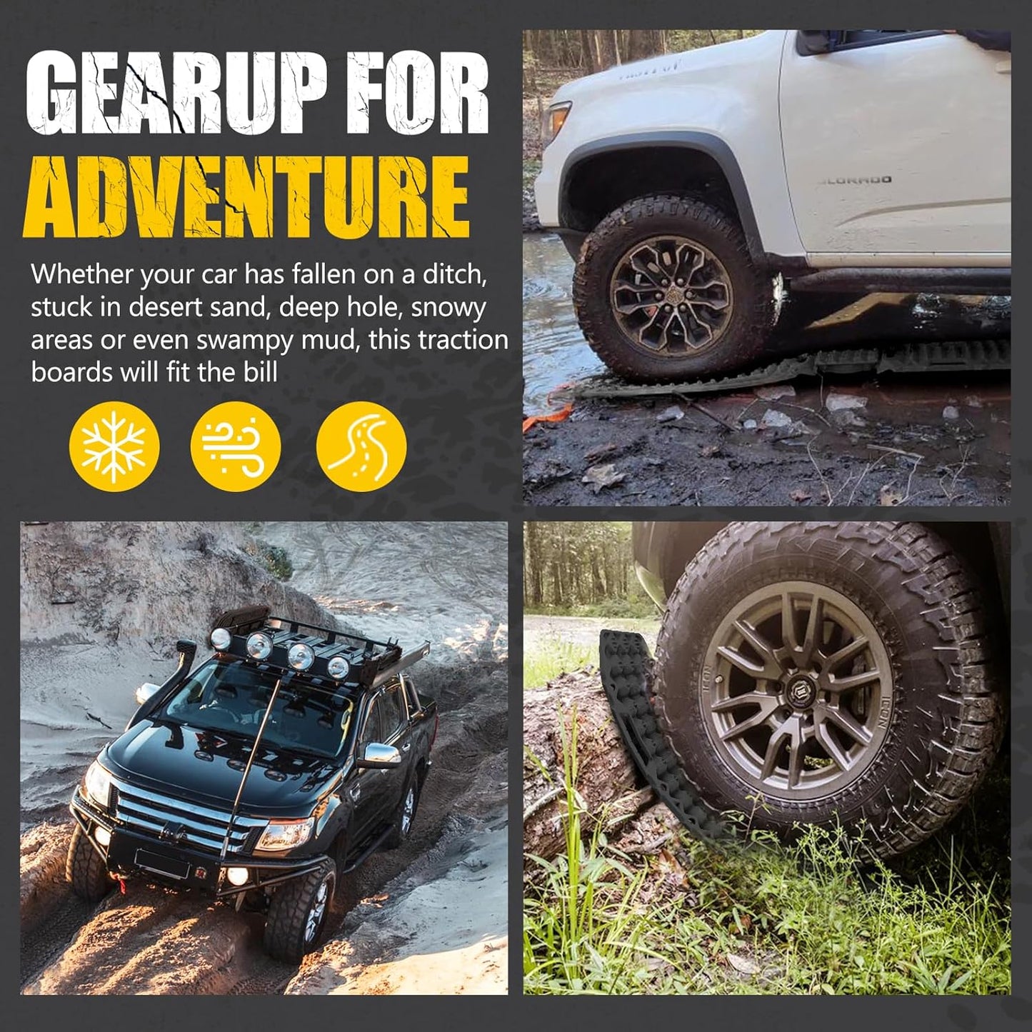 BUNKER INDUST Off-Road Traction Boards with Jack Lift Base,2 Pcs Multifunctional Recovery Track Ramp Traction Mat for 4WD UTV SUV Truck-Mud, Sand, Snow Tire Traction Devices Black with Carry Bag