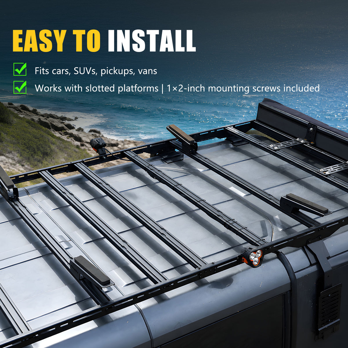 BUNKER INDUST Kayak Roof Rack Saddles, 4-Pcs Stainless Steel Kayak Carrier for Slotted Roof Platforms, EVA Padding & Tie-Down Straps, 110 lbs Capacity for Kayak Canoe SUP Surfboard, Black