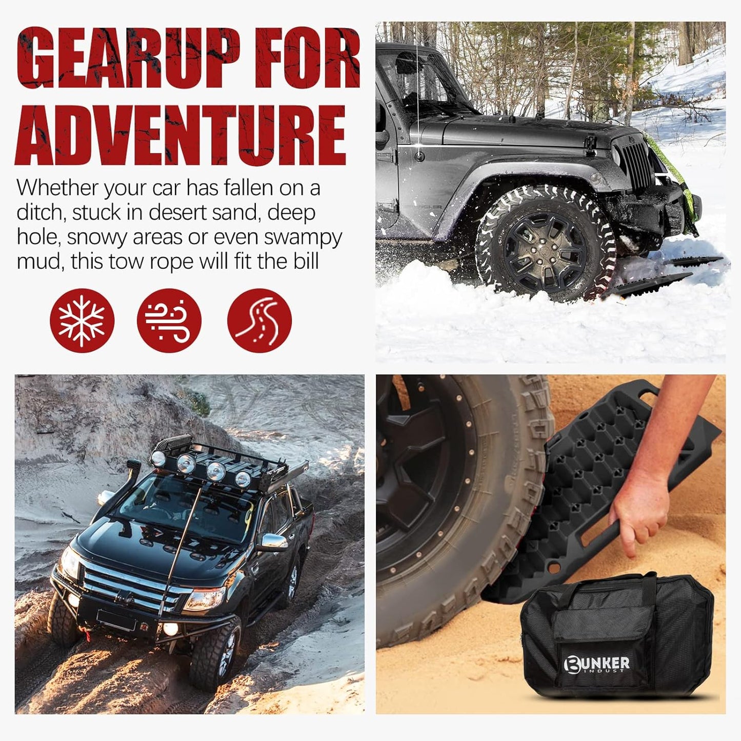 BUNKER INDUST Offroad Traction Boards with Jack Base,Multifunctional Extendable Recovery Track Tire Traction Mat Snow Mud Sand Tracks-4X4 ATV UTV SUV Truck Traction Pads with Bag, Black (Gen 8)