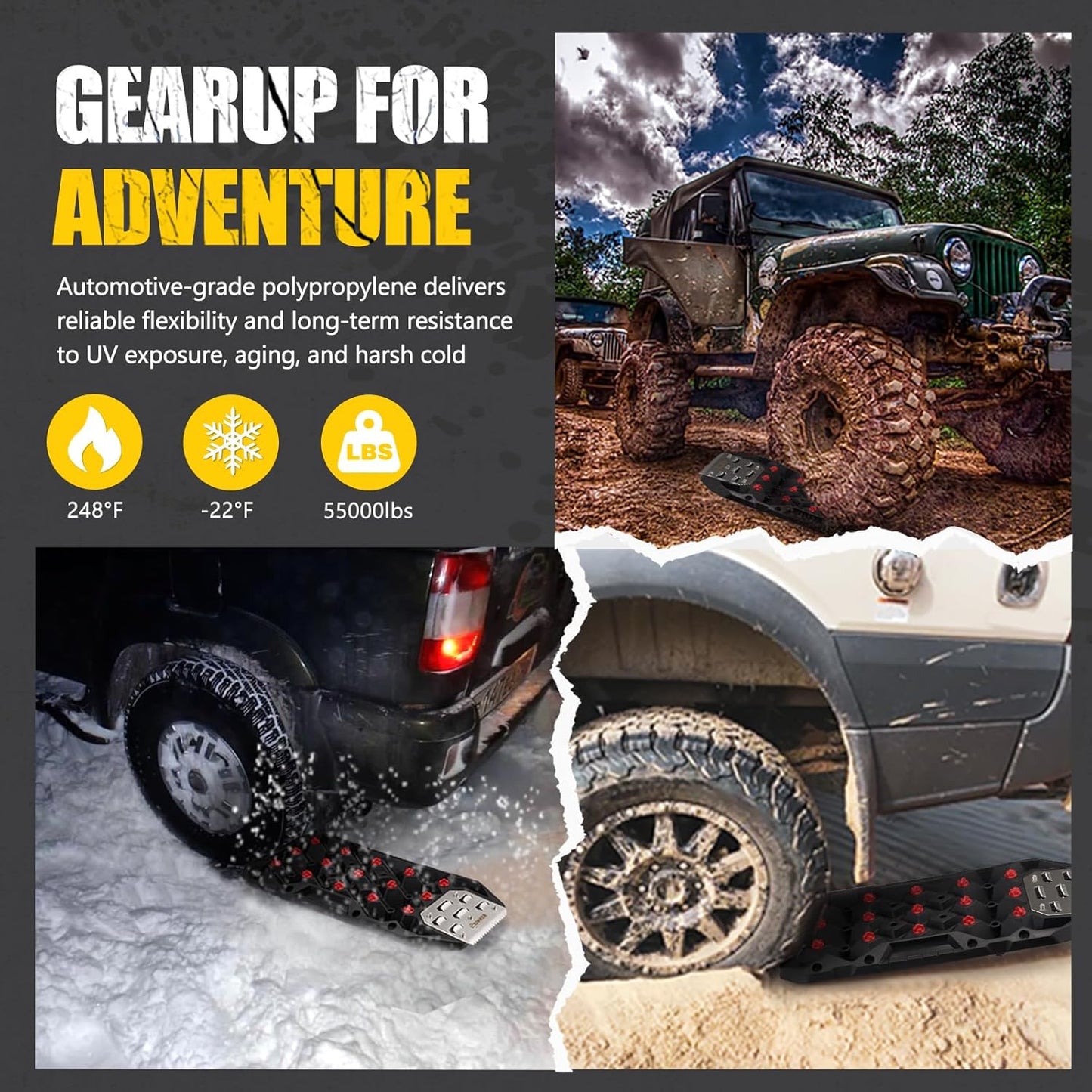 BUNKER INDUST Offroad Traction Boards with Jack Base, Pair Portable Recovery Track Tire Traction Mat - Black Sand,Mud,Snow Tracks(Replaceable Dual Colors Teeth/Rugged Steel Plate), Gen 12th