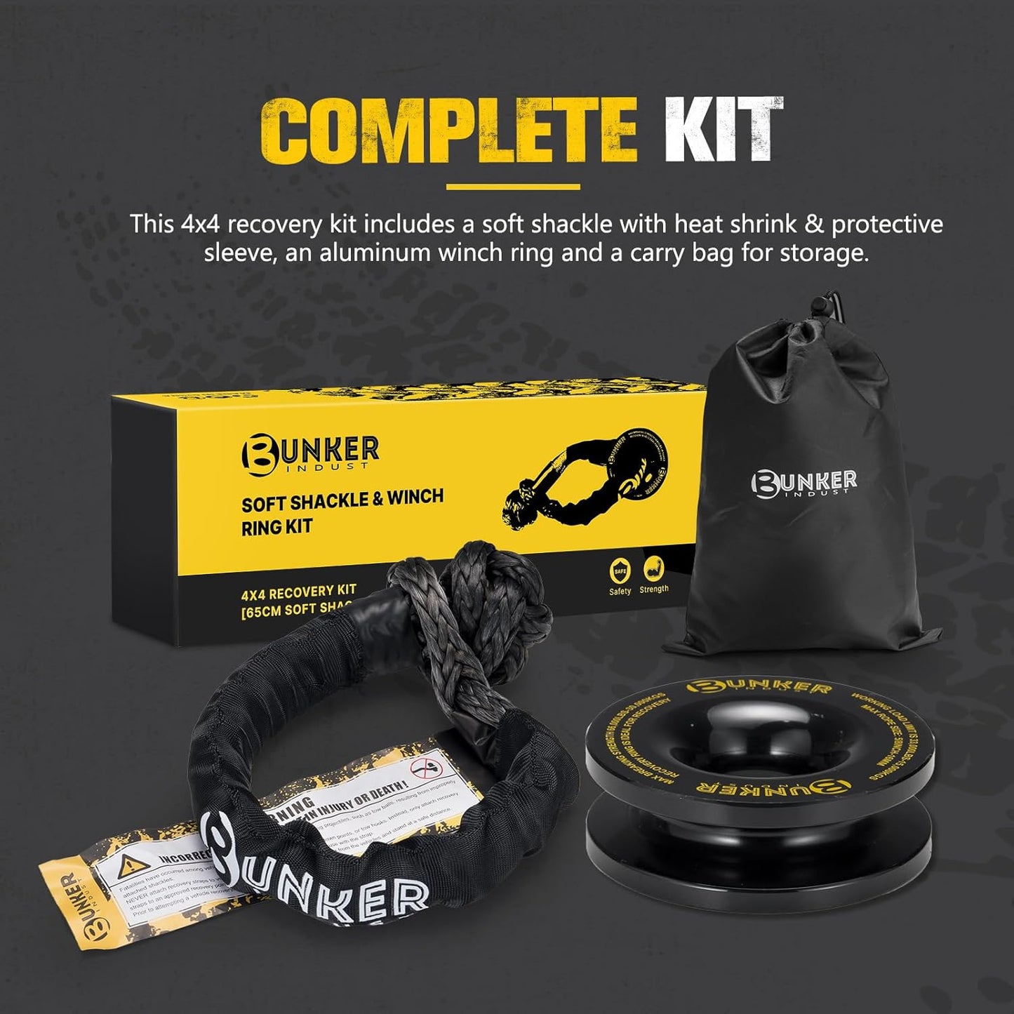 BUNKER INDUST Synthetic Soft Shackle with Winch Ring,Recovery Ring Snatch Rope Towing Straps Block Pulley Kit Winch Accessories for Off-Road ATV UTV Jeep Trailer Truck SUV 4x4