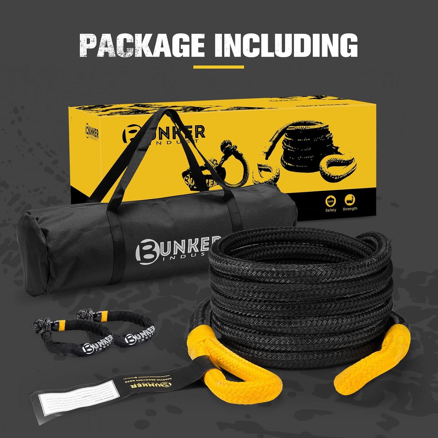 BUNKER INDUST 1.25"×20ft Kinetic Recovery Rope with 2 Soft Shackle Kit, 55000lbs Nylon Tow Rope Heavy Duty Snatch Strap Offroad Recovery Kit for 4x4 Jeep Truck ATV UTV SUV