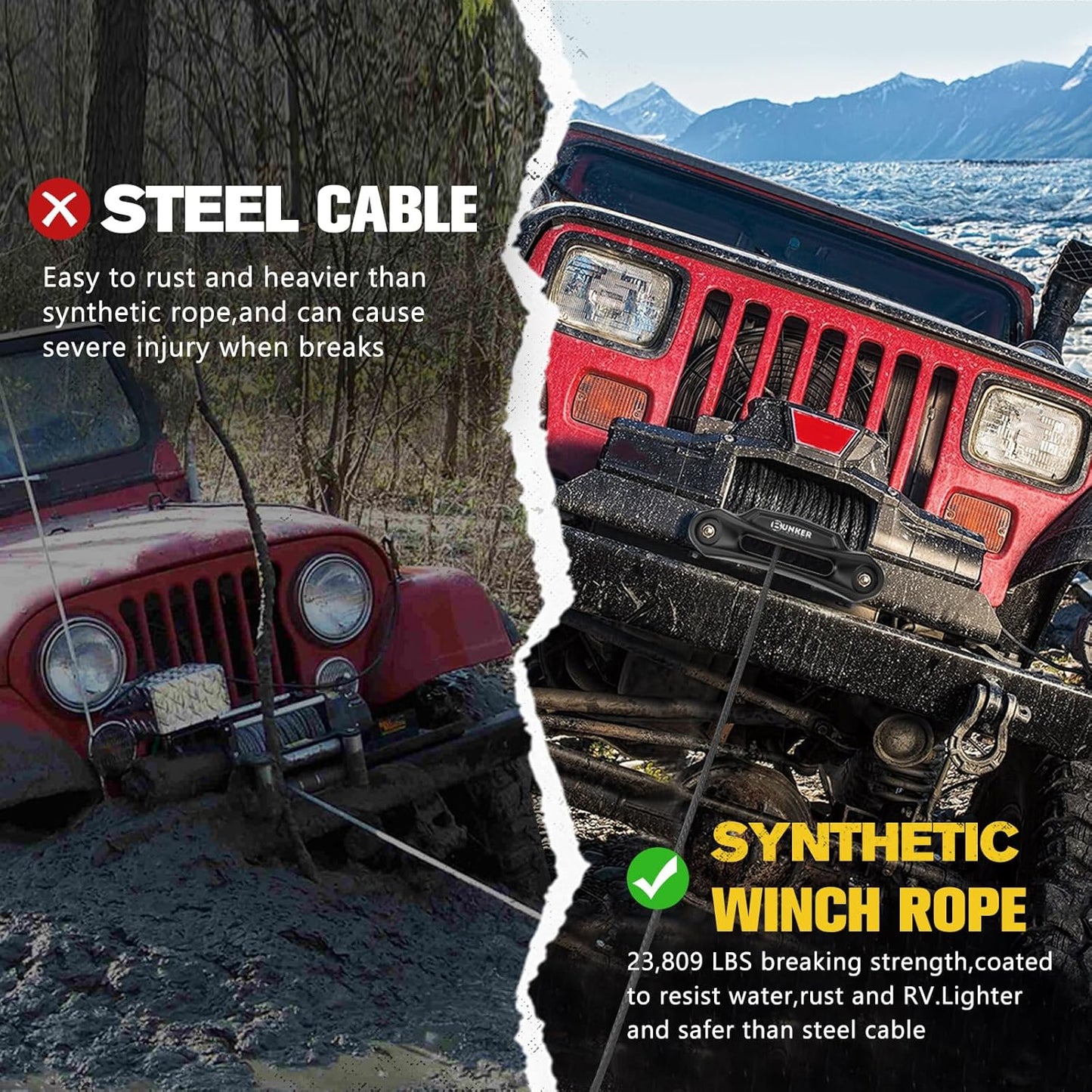 BUNKER INDUST Synthetic Winch Rope Kit,3/8" x 100' 23809LBS Winch Line Cable Replacement with Protective Sleeve+Winch Fairlead+Hook for 4WD Off Road Vehicle Jeep Truck ATV UTV SUV(Black)