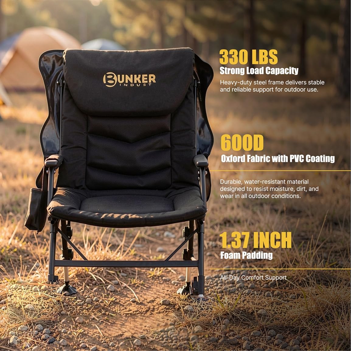 BUNKER INDUST Foldable Camping Chair with Canopy and Extended Footrest, Adjustable Backrest & Legs, Supports 330 Lbs, Portable Folding Outdoor Chair with Shade for Beach Camping Fishing RV Lake