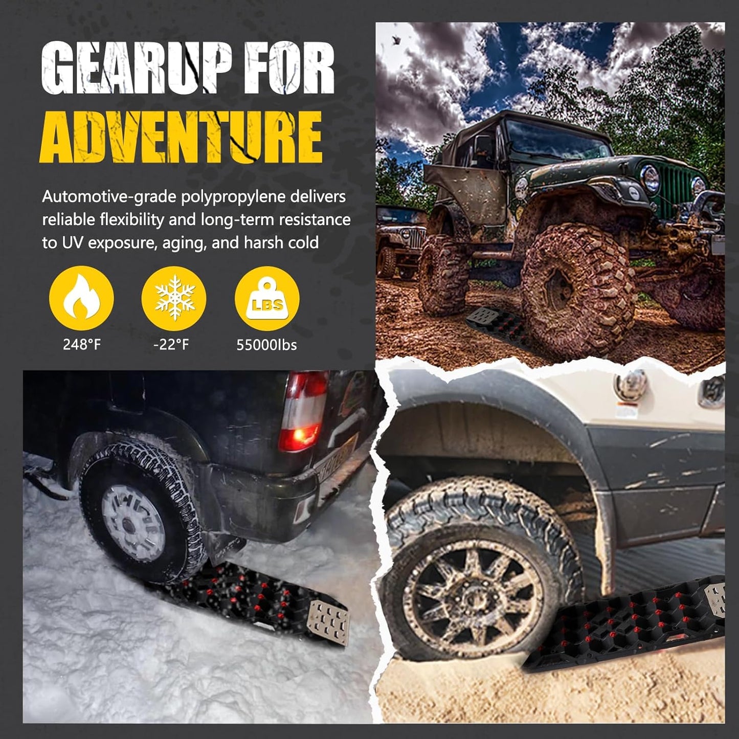 BUNKER INDUST Offroad Traction Board with Jack Base,Pair 47.24" L x 14" W Recovery Track Tire Traction Mat -Black Sand,Mud,Snow Ramps (Replaceable Dual Colors Teeth/Rugged Steel Plate) Gen 11th