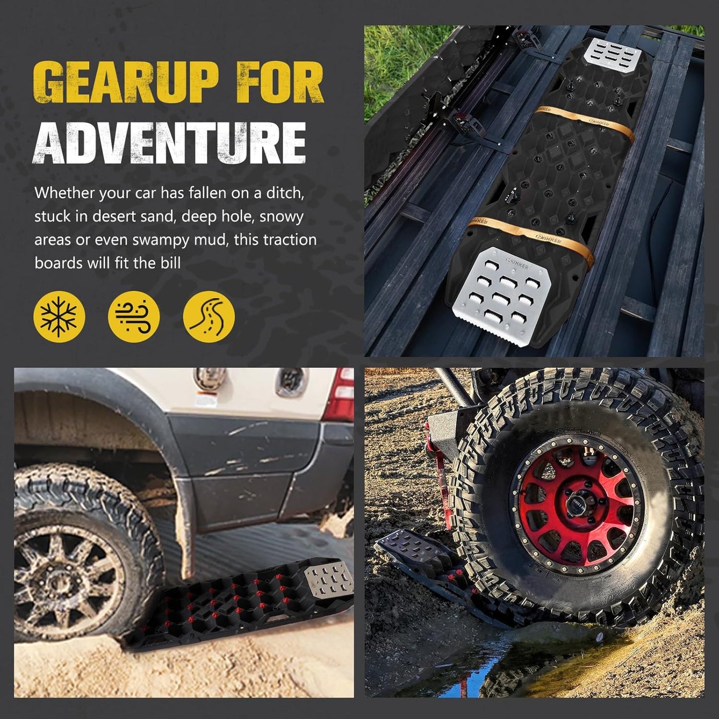 BUNKER INDUST Gen 11th Traction Boards with Mounting Kit, Pair Offroad Recovery Tracks with Jack Base for 4X4 Jeep Truck Tire Traction-Sand,Mud, Snow Ramps (Black)
