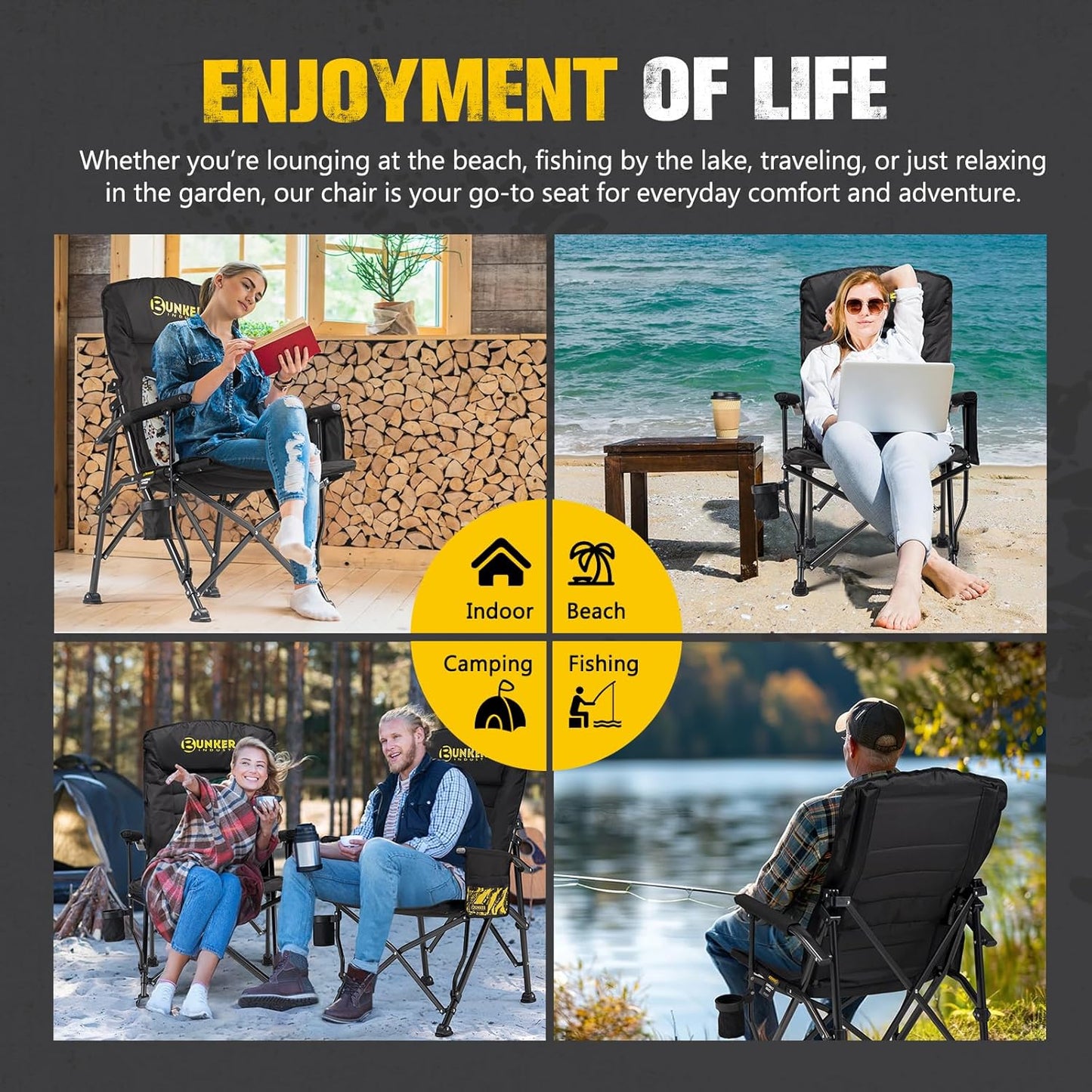 BUNKER INDUST Folding Camping Chair, Oversized with Padded Cushion, Outdoor Chair with Cup Holder Storage Pockets, Adjustable High Backrest Supports 450 LBS for Garden Beach Fishing Lawn