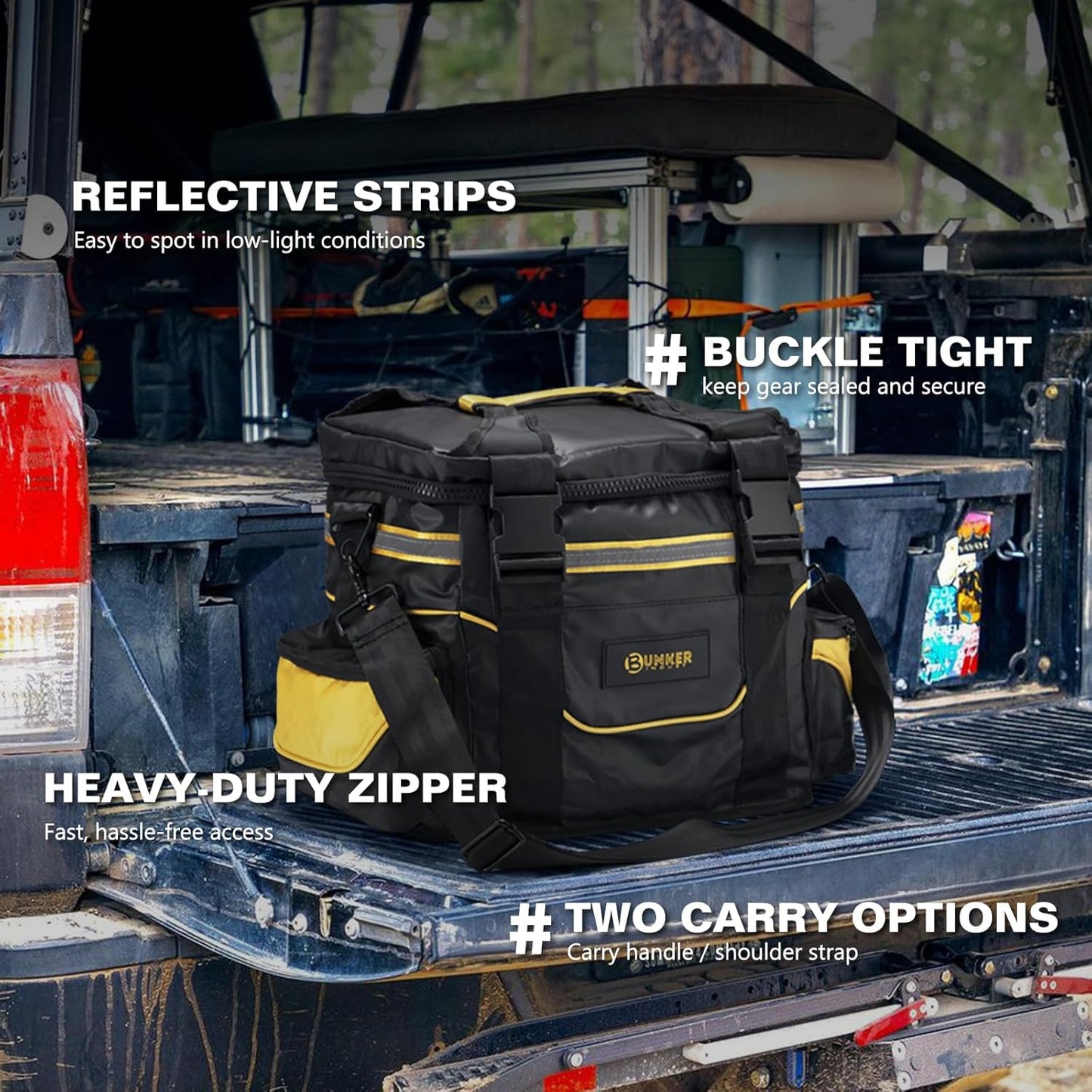 BUNKER INDUST Heavy Duty Large Recovery Gear Bag with Shoulder Strap, Reflective Strips, Multi-Pockets for Offroad Accessories & Tool Organizer