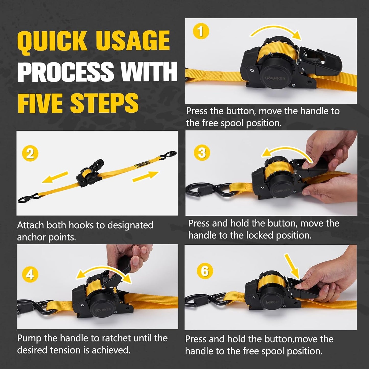 BUNKER INDUST Retractable Ratchet Straps 1" x 12', Heavy Duty Auto Self Retracting Tie Down Straps 1530 lbs Break Strength Cargo Straps for Trailer, Truck, ATV, UTV, Motorcycle (4 Pack)