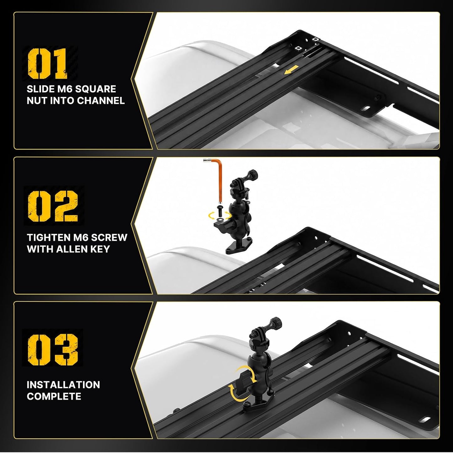 BUNKER INDUST Universal Roof Rack Action Camera Mount Bracket, 360° Adjustable Camera Holder Compatible with GoPro, DJI, Insta360 for Vehicle T-Slot Platform Cross Bar Off-Road Overlanding Camping