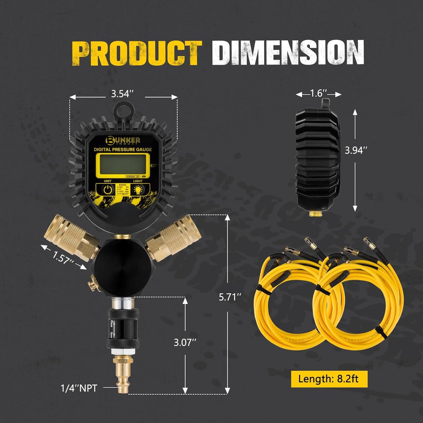 BUNKER INDUST 4 Tire Inflation Deflation System, Rapid High-Flow Air Up Down Kit with Digital Tire Pressure Gauge, 4 Wheels Off Road Tire Deflator Inflate-Up to 200" Wheelbase