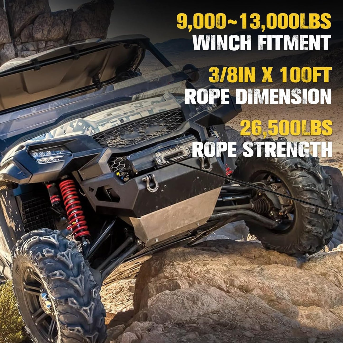 BUNKER INDUST Synthetic Winch Rope + D-Ring Shackle + Winch Hook,100ft x 3/8" 26500Lbs Winch Cable Replacement Kit with Protective Sleeve for Truck, Jeep Off-Road Recovery