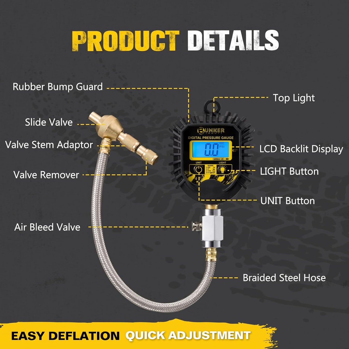 BUNKER INDUST Digital Tire Pressure Gauge, 0-250 PSI Heavy Duty Air Guage for car, Truck, and Off-Road Vehicle- Reliable Accuracy-Backlit LCD Display, Tire Deflator with Built-in Top Light