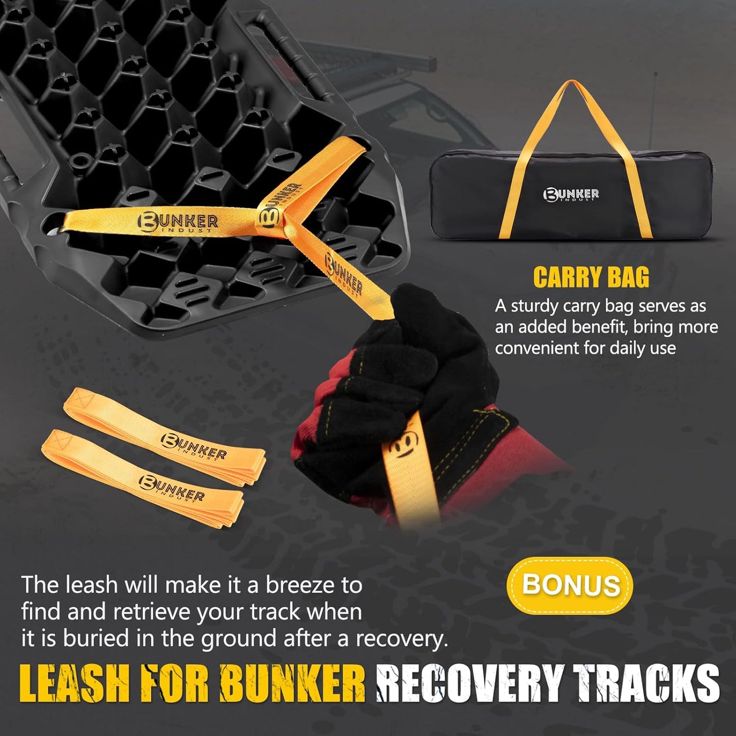 BUNKER INDUST Off-Road Traction Boards with Jack Base,Pair Recovery Track 4X4 Jeep Truck Emergency Tire Traction Mat with Bag -Sand, Mud, Snow Tracks Black Traction Pad (Gen 7th)