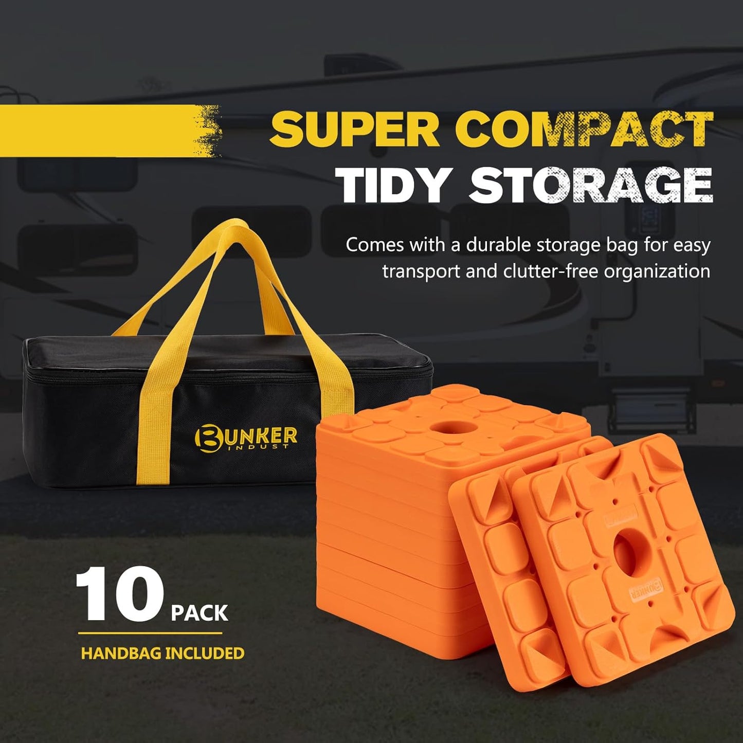 BUNKER INDUST RV Leveling Blocks/Stackable Jack Blocks, Interlocking Leveling Pads Wheels Stabilizer Blocks with Bag for Camper Trailer RVs, 10 Pack, Orange