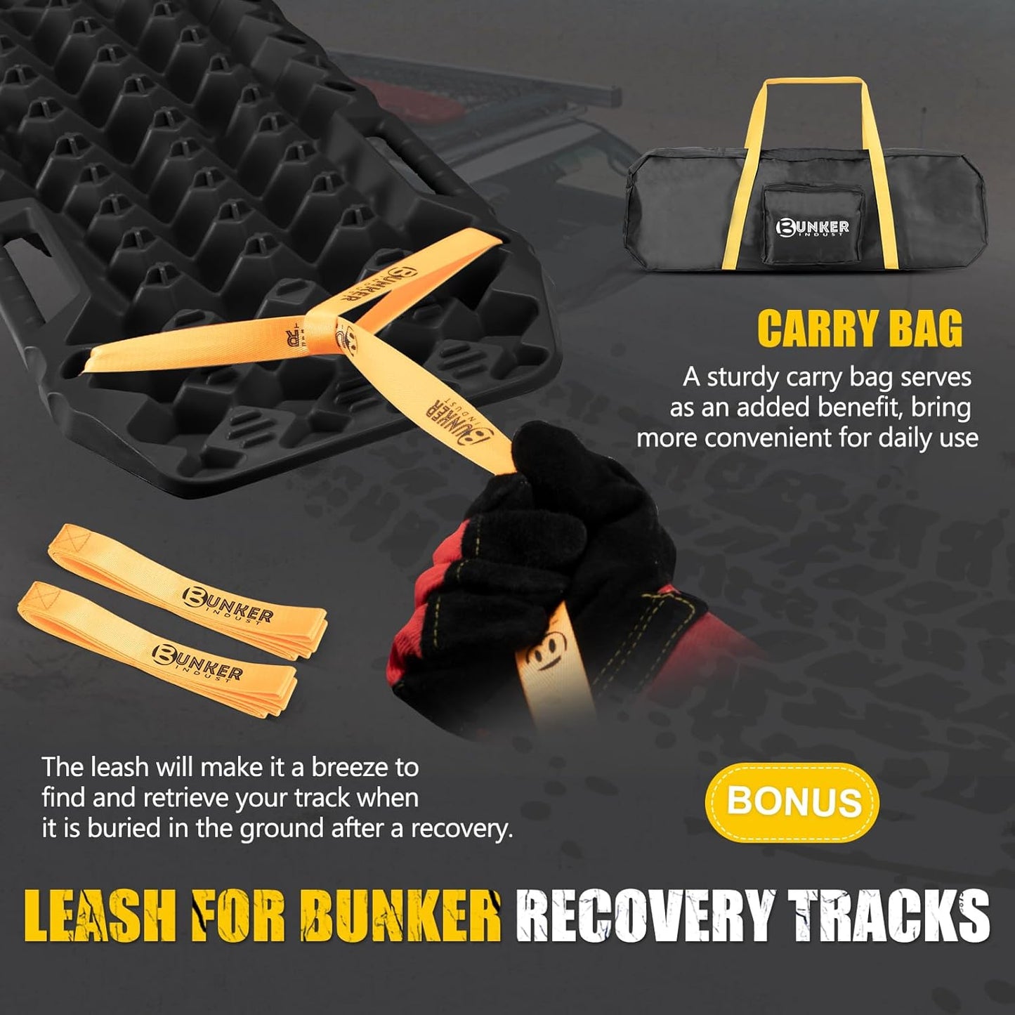 BUNKER INDUST Off-Road Traction Boards with Jack Lift Base,2 Pcs Multifunctional Recovery Track Ramp Traction Mat for 4WD UTV SUV Truck-Mud, Sand, Snow Tire Traction Devices Black with Carry Bag
