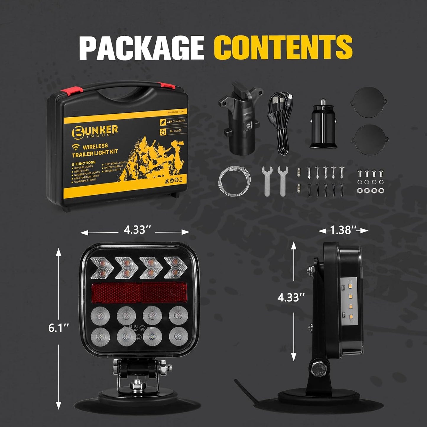 BUNKER INDUST Wireless Trailer Lights Kit, Adjustable Magnetic Towing Lights with Brake Turn Reverse Strobe Side Number Plate Light for Trucks, Boat, RV, Vehicle, Caravan