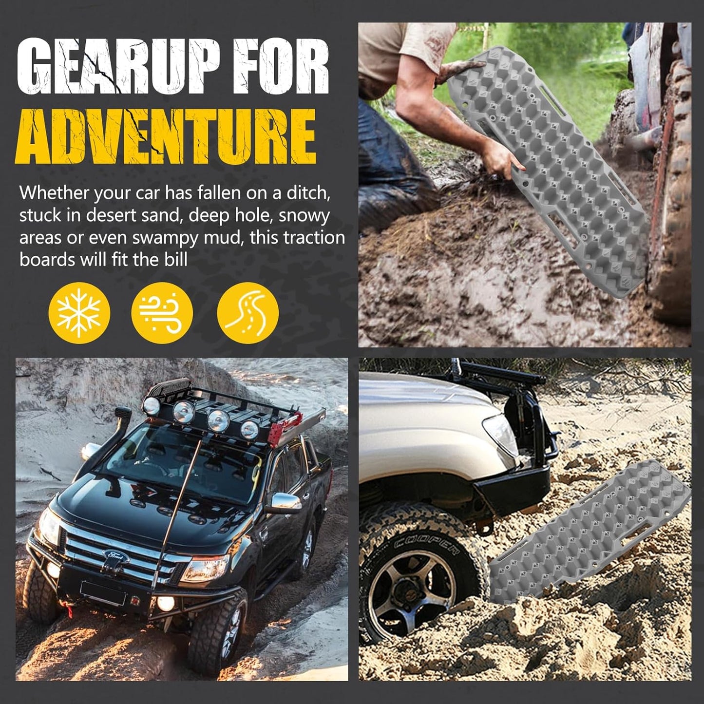 BUNKER INDUST Off Road Traction Boards, Pair Recovery Tracks Traction Mat for Vehicle Truck Jeep SUV, Mud, Snow, Sand Ramp-Orange Emergency Tire Traction Pads (Gen 10th)